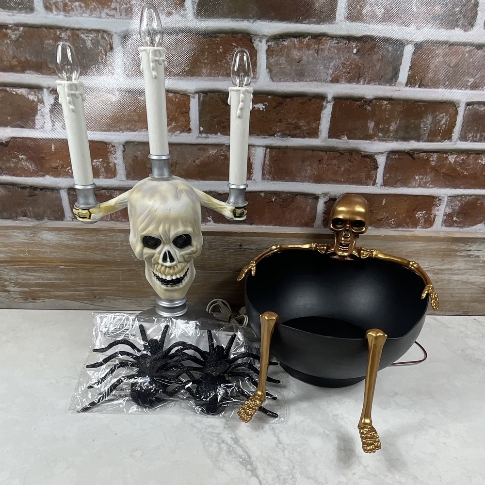 Halloween Lot – Candy Skull Dish, Skull Light, Spiders – Spooky Decor Set
